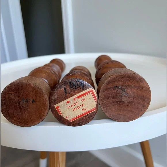 Vintage Set of 3 Hand Carved Wooden Candlesticks Boho Home Decor India - Picture 3 of 9